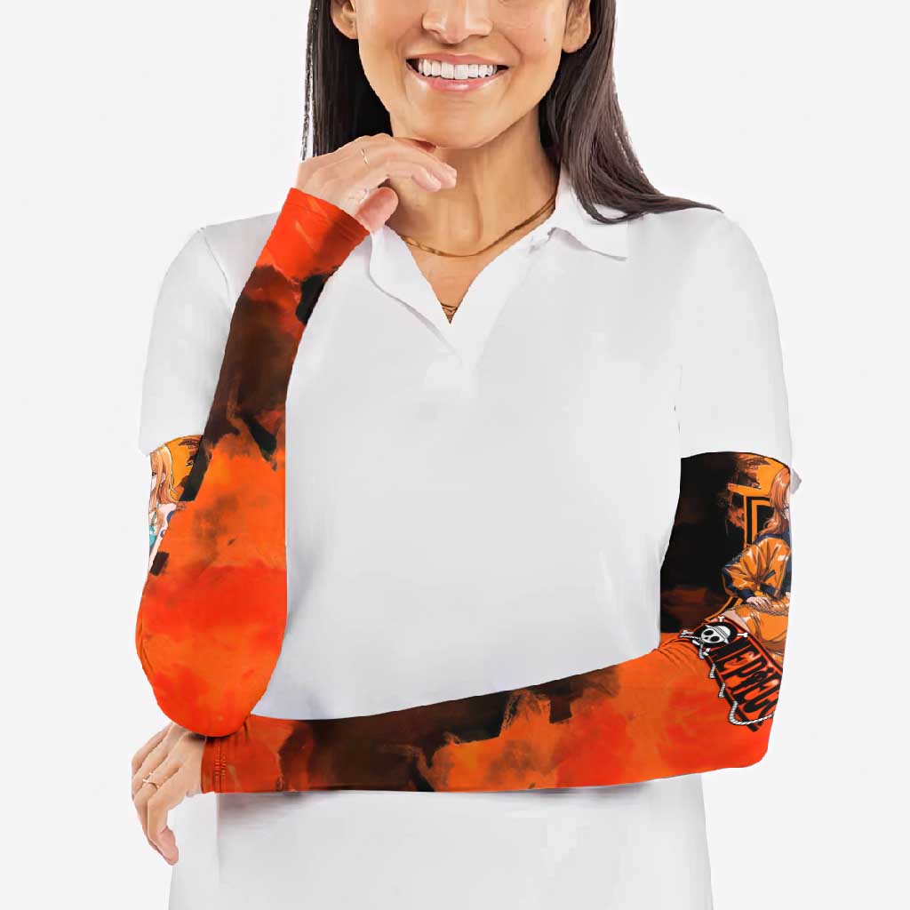 Nami One Piece Orange and Black Theme Arm Sleeves with Navigator Pose and Weather Staff Design - The Mazicc