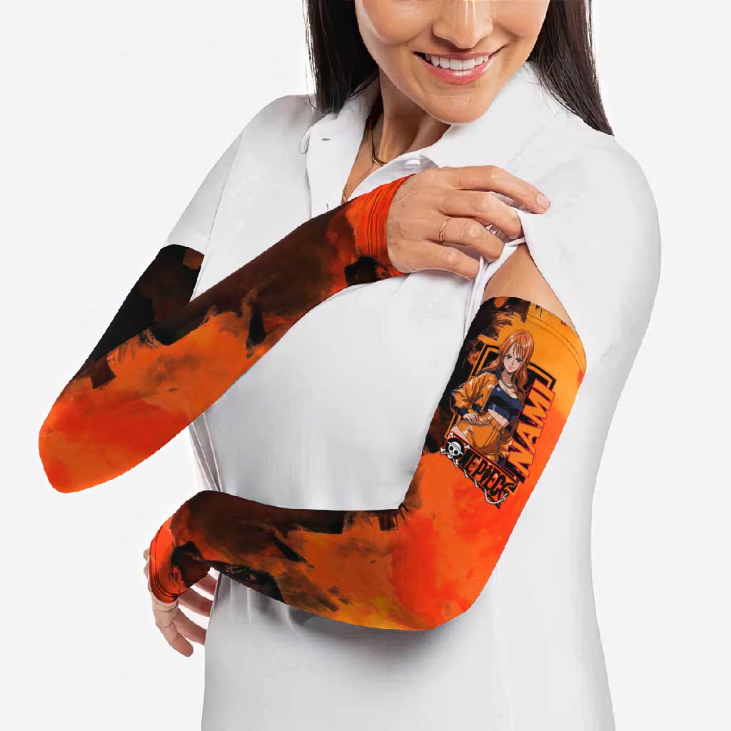 Nami One Piece Orange and Black Theme Arm Sleeves with Navigator Pose and Weather Staff Design - The Mazicc