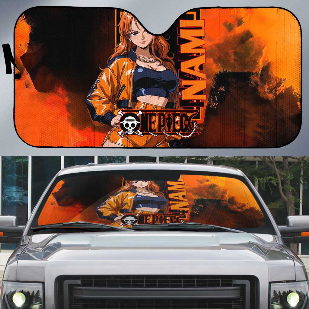 Nami One Piece Orange and Black Theme Auto Sun Shade with Navigator Pose and Weather Staff Design - The Mazicc