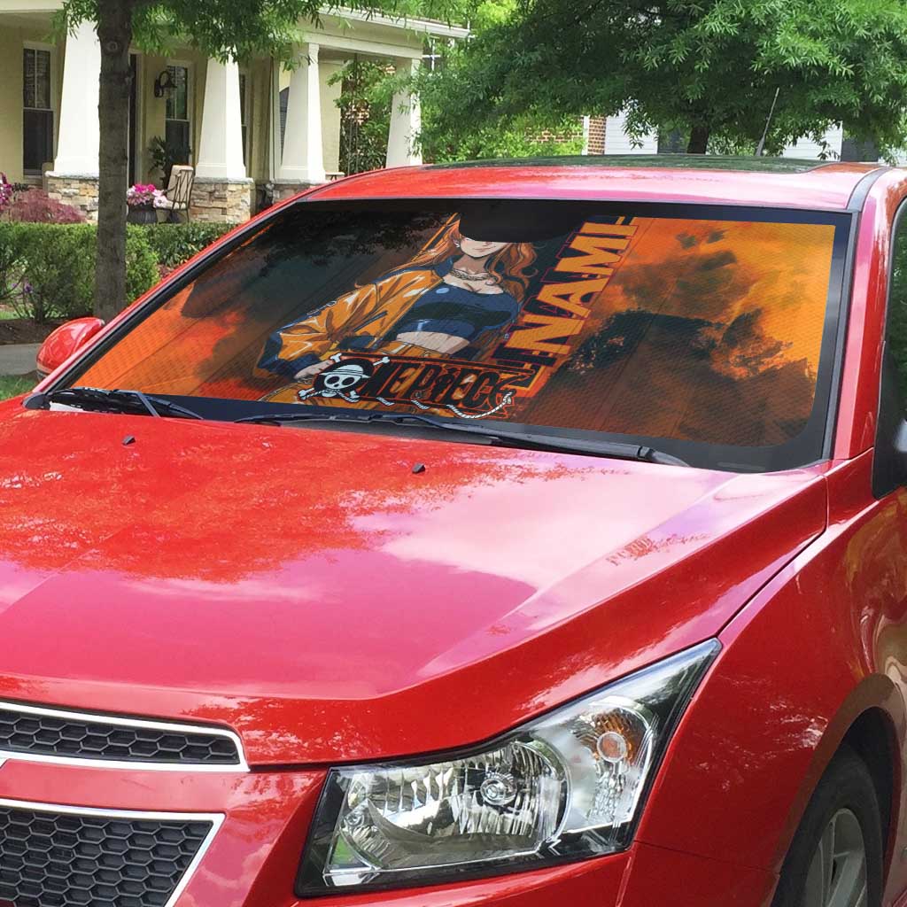 Nami One Piece Orange and Black Theme Auto Sun Shade with Navigator Pose and Weather Staff Design - The Mazicc