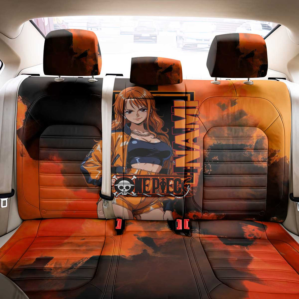 Nami One Piece Orange and Black Theme Back Car Seat Cover with Navigator Pose and Weather Staff Design - The Mazicc