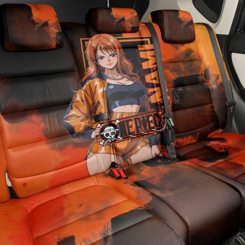 Nami One Piece Orange and Black Theme Back Car Seat Cover with Navigator Pose and Weather Staff Design - The Mazicc
