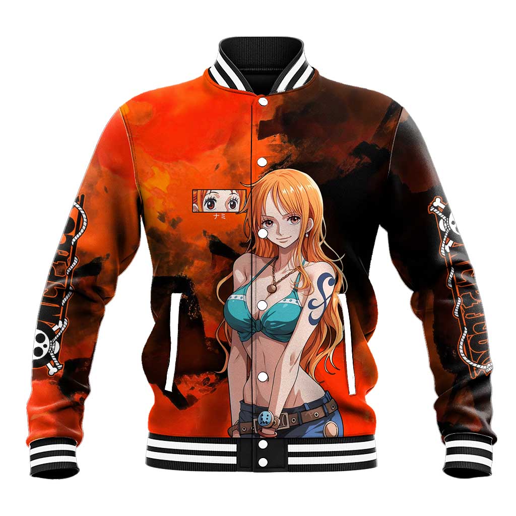Nami One Piece Orange and Black Theme Baseball Jacket with Navigator Pose and Weather Staff Design - The Mazicc