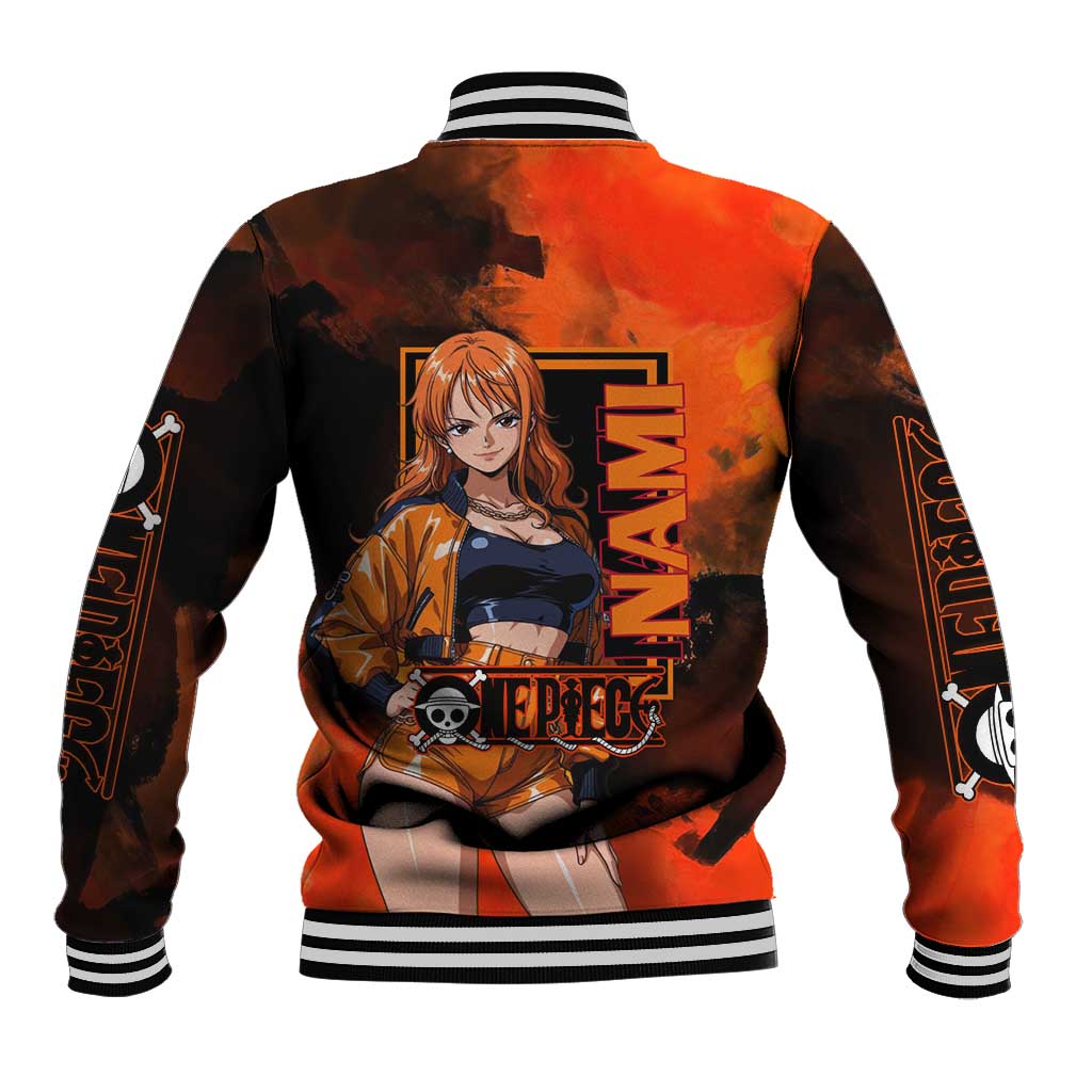 Nami One Piece Orange and Black Theme Baseball Jacket with Navigator Pose and Weather Staff Design - The Mazicc