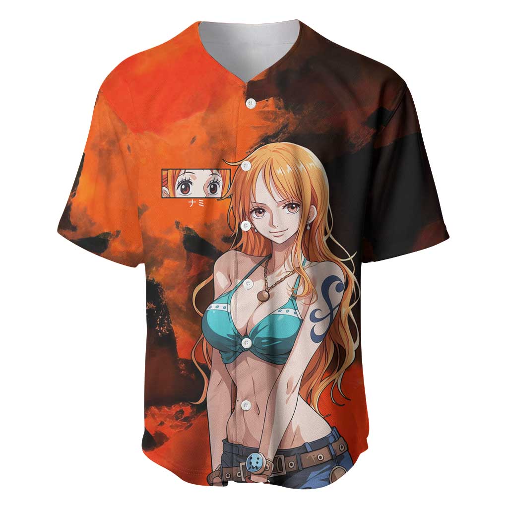 Nami One Piece Orange and Black Theme Baseball Jersey with Navigator Pose and Weather Staff Design - The Mazicc