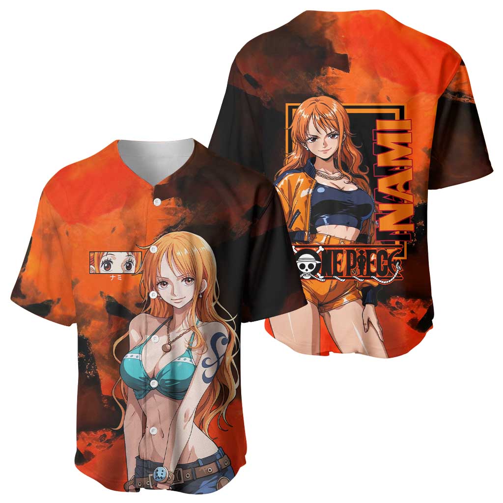 Nami One Piece Orange and Black Theme Baseball Jersey with Navigator Pose and Weather Staff Design - The Mazicc