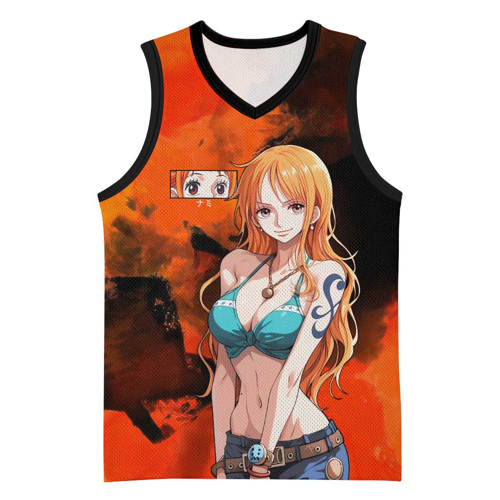 Nami One Piece Orange and Black Theme Basketball Jersey with Navigator Pose and Weather Staff Design - The Mazicc