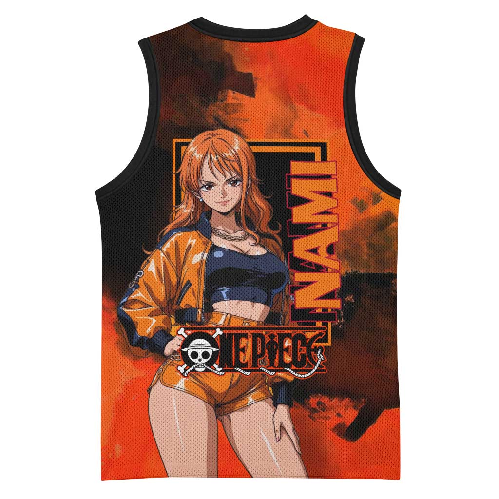 Nami One Piece Orange and Black Theme Basketball Jersey with Navigator Pose and Weather Staff Design - The Mazicc