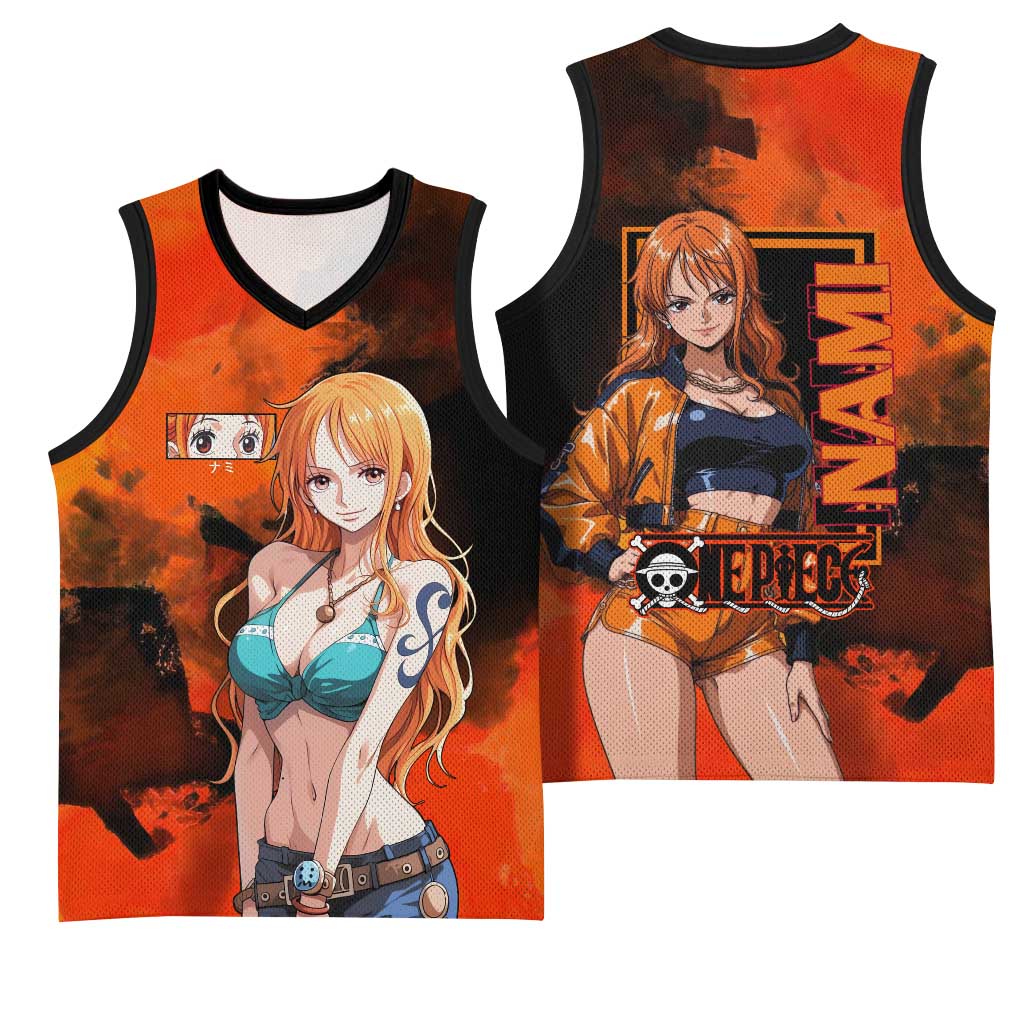 Nami One Piece Orange and Black Theme Basketball Jersey with Navigator Pose and Weather Staff Design - The Mazicc