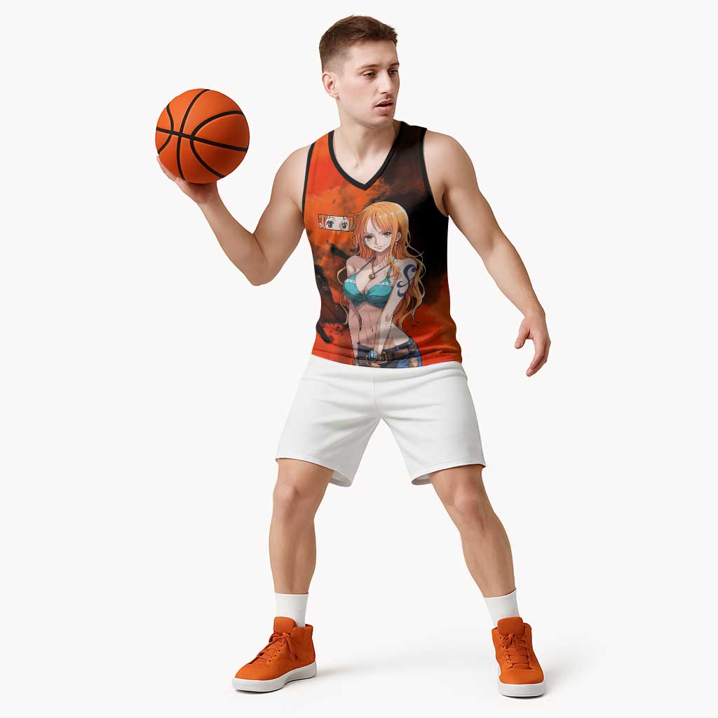 Nami One Piece Orange and Black Theme Basketball Jersey with Navigator Pose and Weather Staff Design - The Mazicc