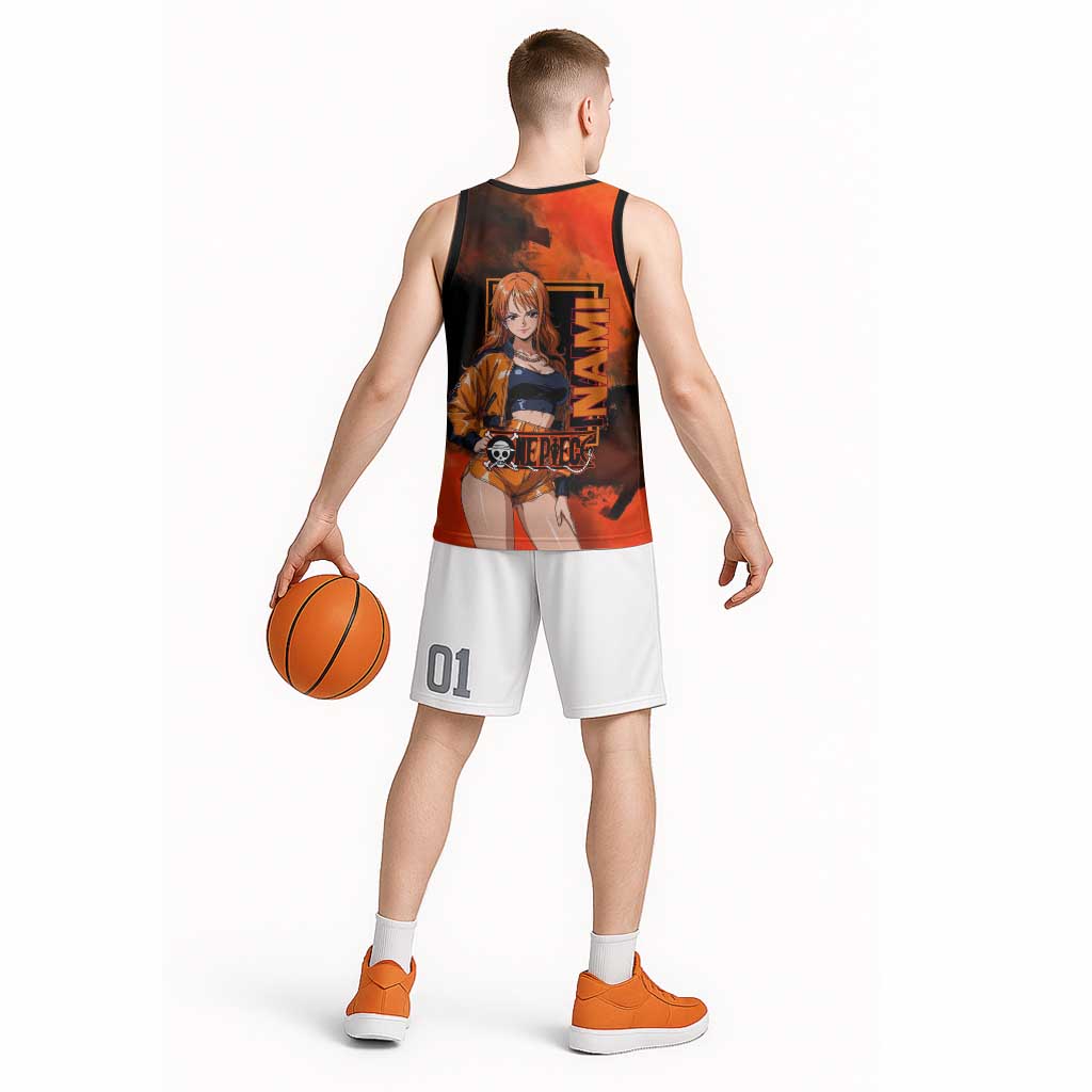 Nami One Piece Orange and Black Theme Basketball Jersey with Navigator Pose and Weather Staff Design - The Mazicc