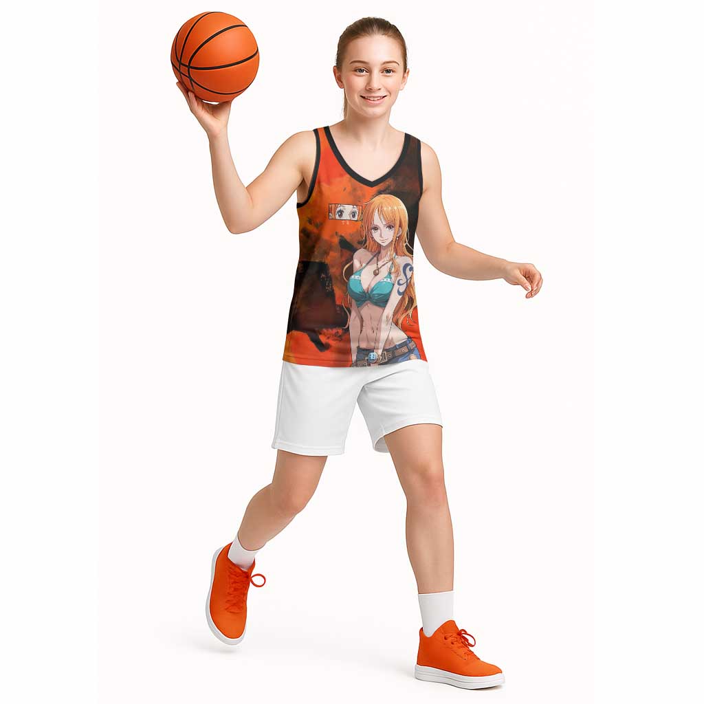 Nami One Piece Orange and Black Theme Basketball Jersey with Navigator Pose and Weather Staff Design - The Mazicc