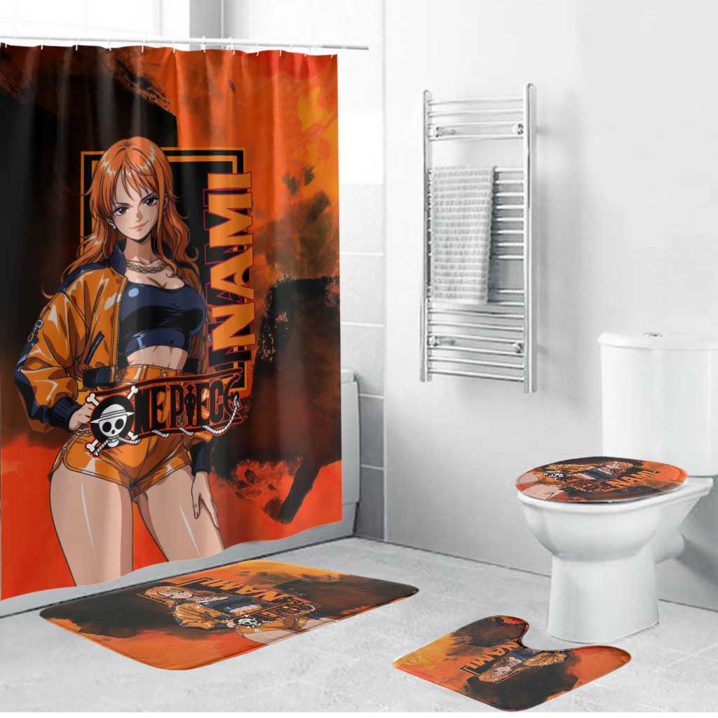 Nami One Piece Orange and Black Theme Bathroom Set with Navigator Pose and Weather Staff Design - The Mazicc