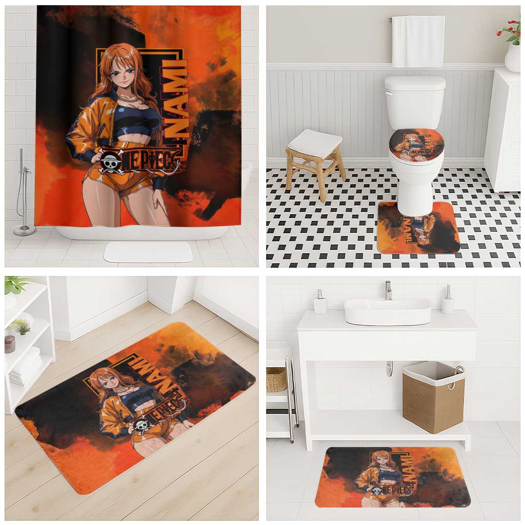 Nami One Piece Orange and Black Theme Bathroom Set with Navigator Pose and Weather Staff Design - The Mazicc