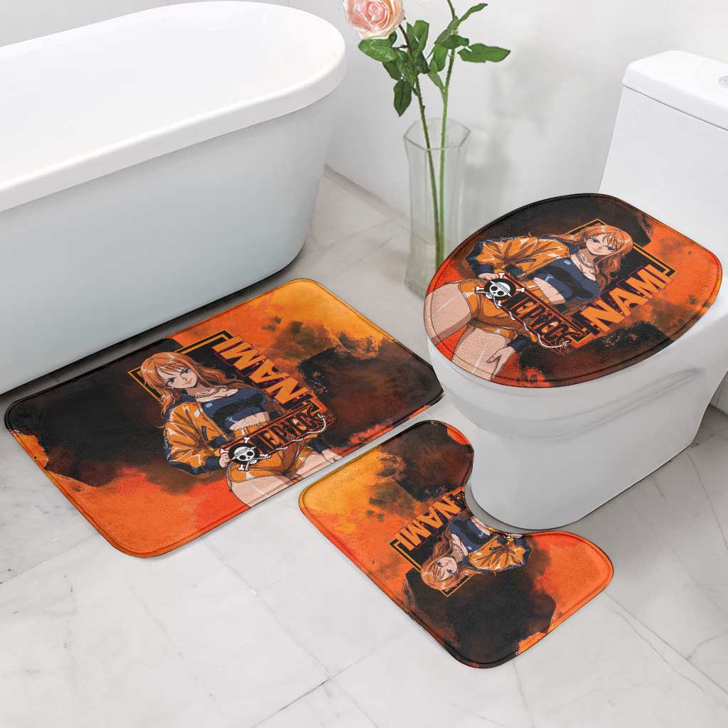Nami One Piece Orange and Black Theme Bathroom Set with Navigator Pose and Weather Staff Design - The Mazicc