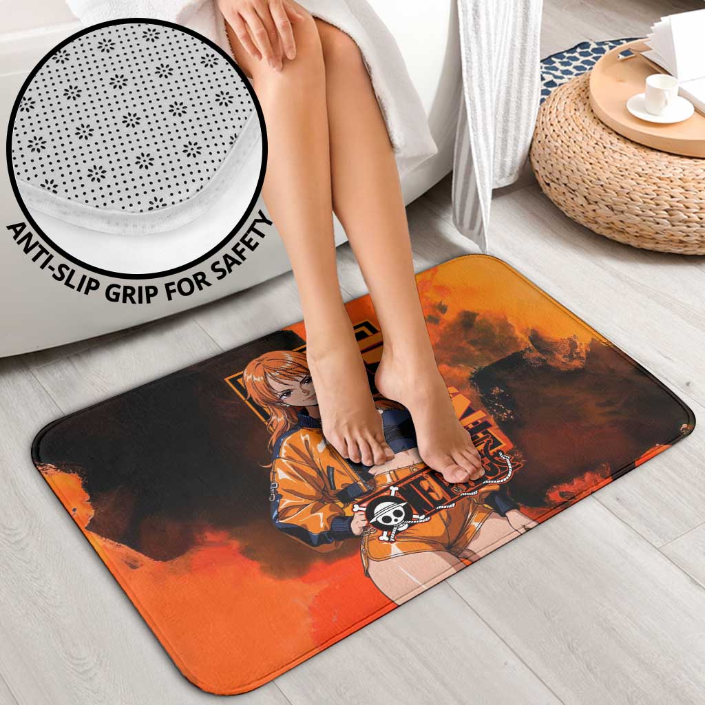 Nami One Piece Orange and Black Theme Bathroom Set with Navigator Pose and Weather Staff Design - The Mazicc