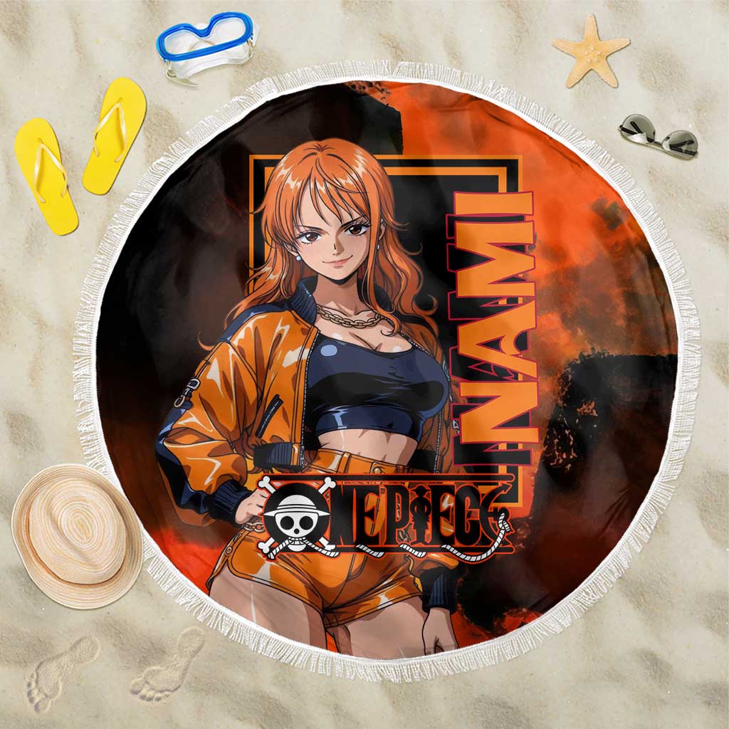 Nami One Piece Orange and Black Theme Beach Blanket with Navigator Pose and Weather Staff Design - The Mazicc