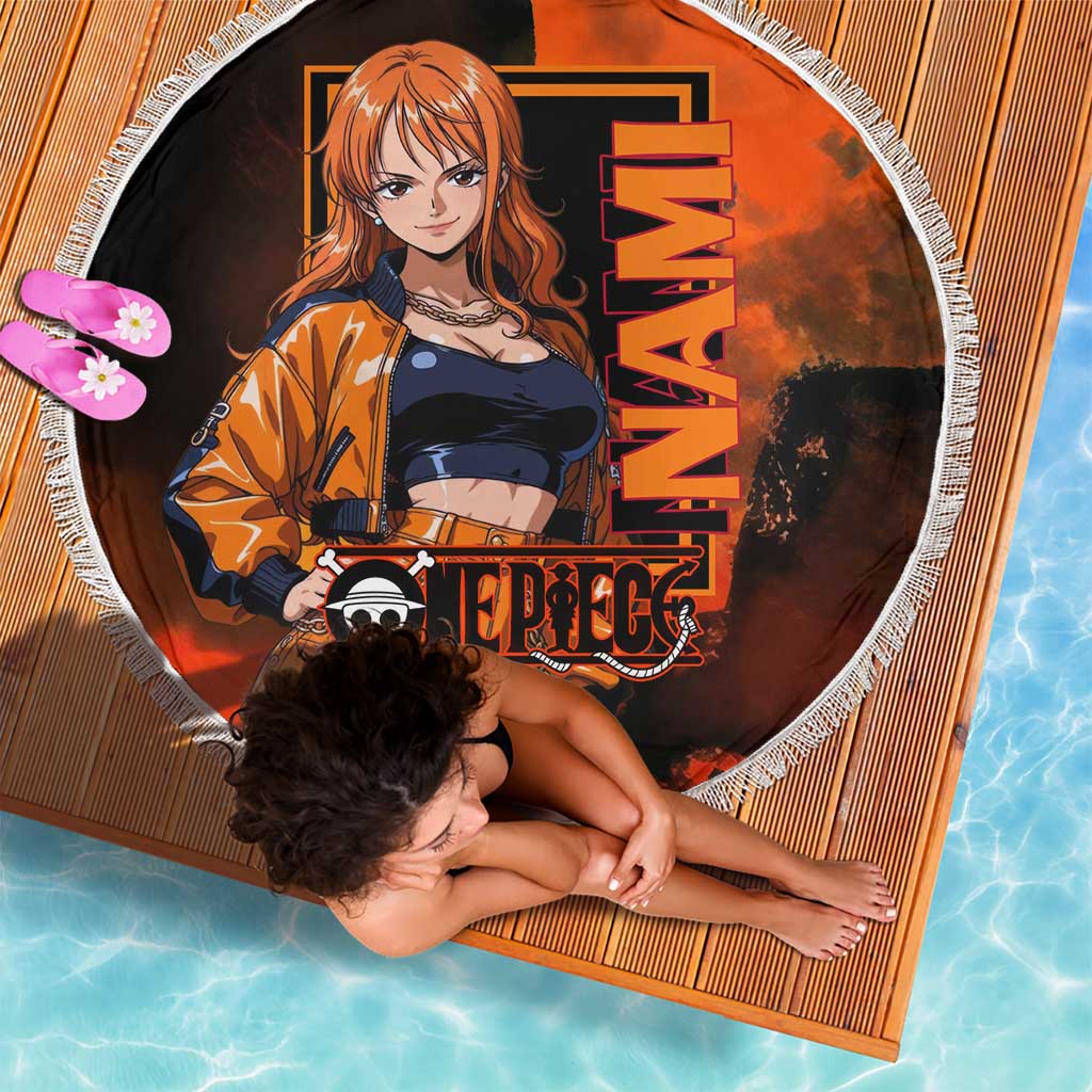 Nami One Piece Orange and Black Theme Beach Blanket with Navigator Pose and Weather Staff Design - The Mazicc