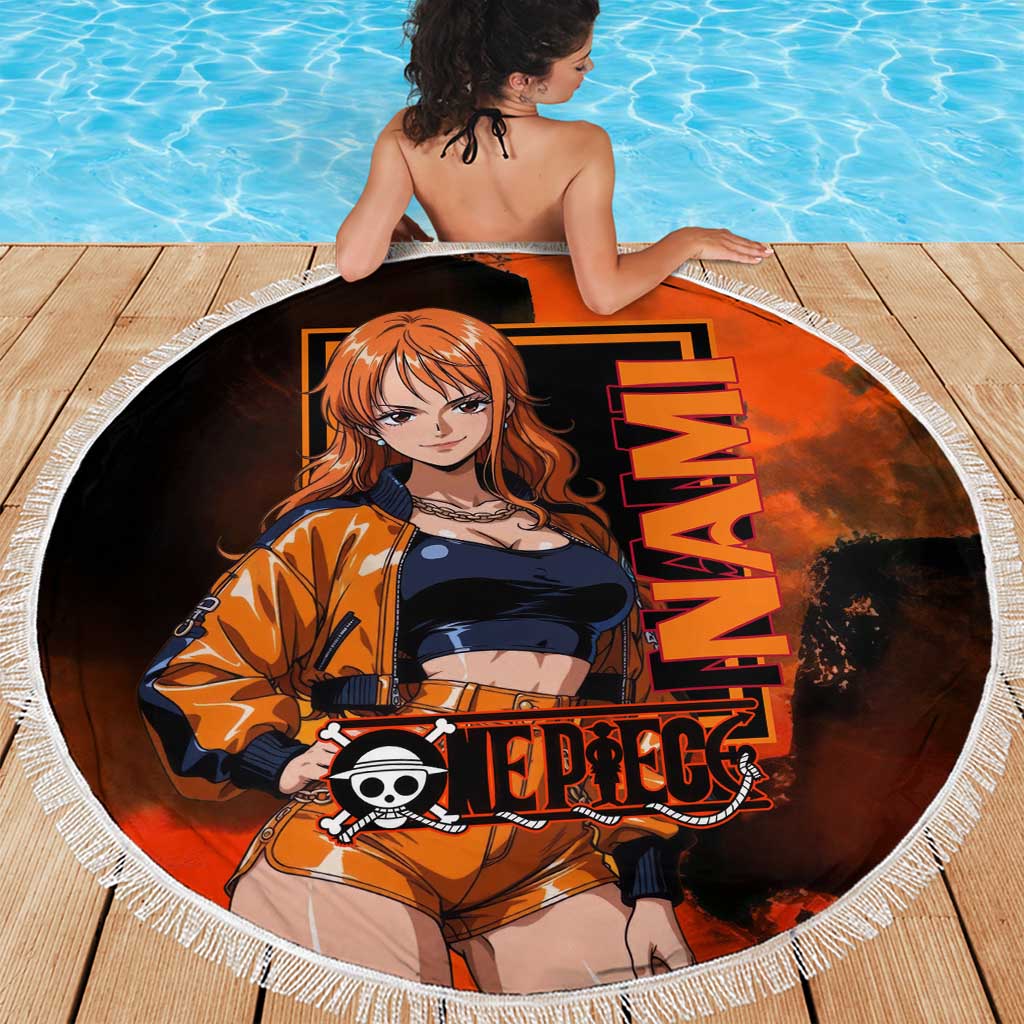 Nami One Piece Orange and Black Theme Beach Blanket with Navigator Pose and Weather Staff Design - The Mazicc
