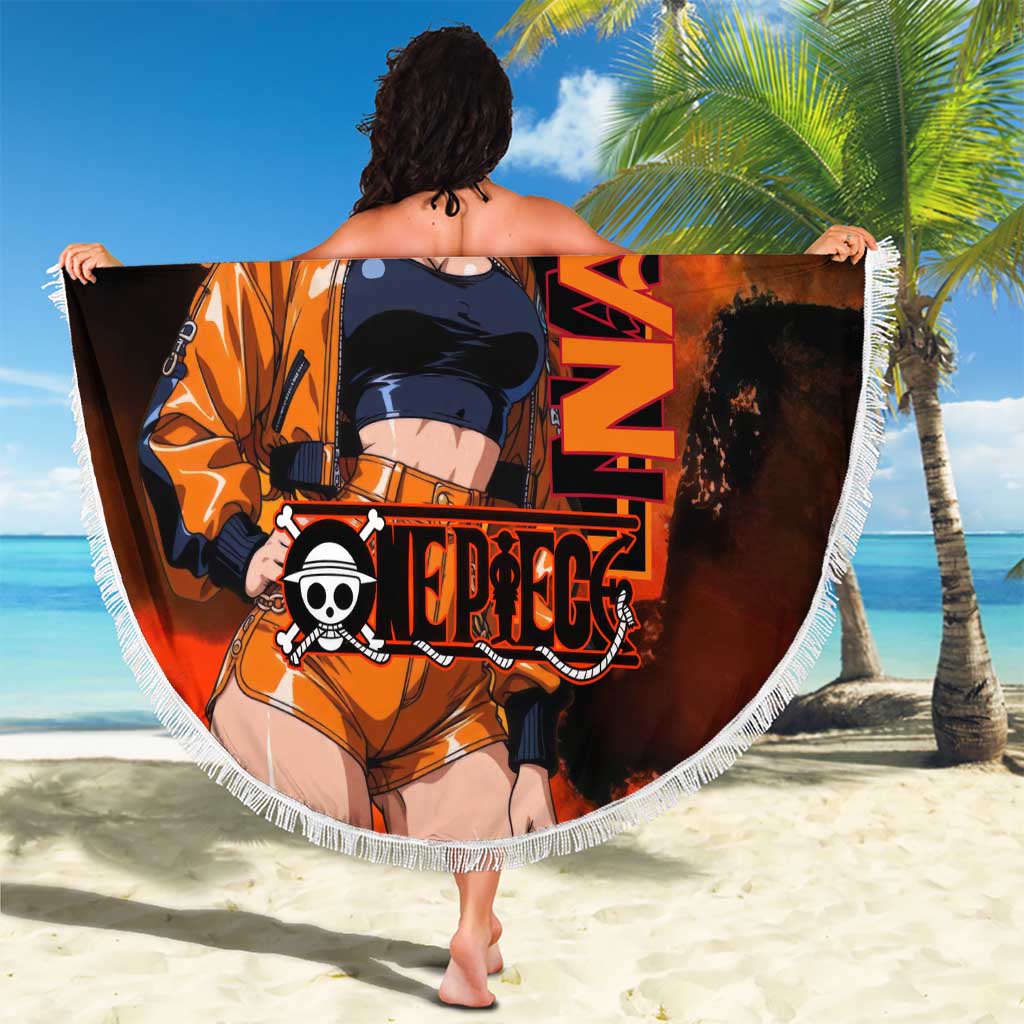 Nami One Piece Orange and Black Theme Beach Blanket with Navigator Pose and Weather Staff Design - The Mazicc