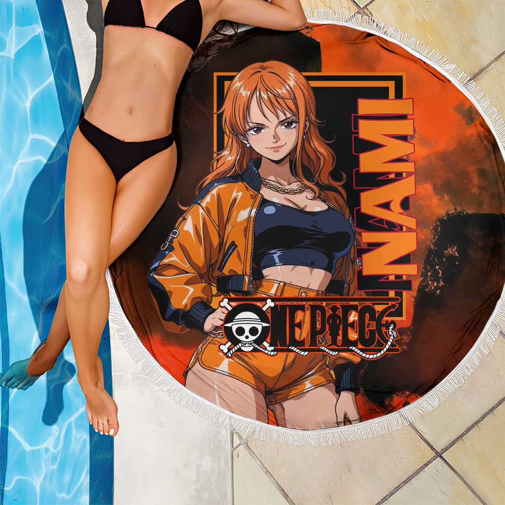 Nami One Piece Orange and Black Theme Beach Blanket with Navigator Pose and Weather Staff Design - The Mazicc