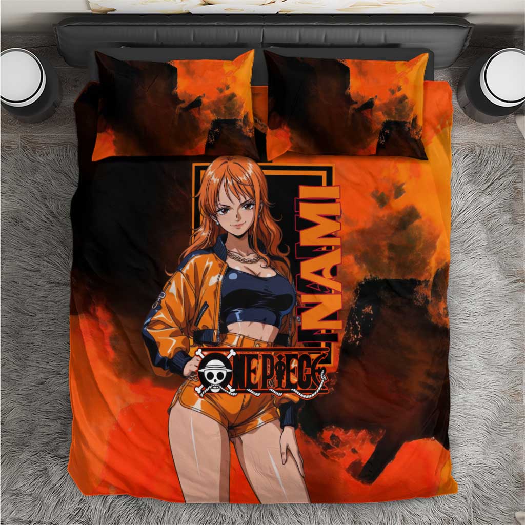 Nami One Piece Orange and Black Theme Bedding Set with Navigator Pose and Weather Staff Design - The Mazicc