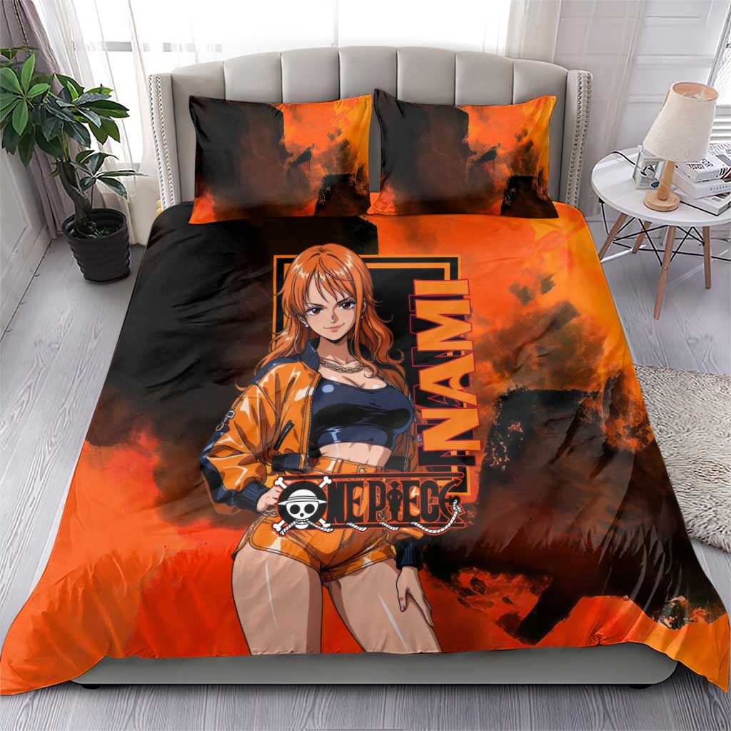 Nami One Piece Orange and Black Theme Bedding Set with Navigator Pose and Weather Staff Design - The Mazicc