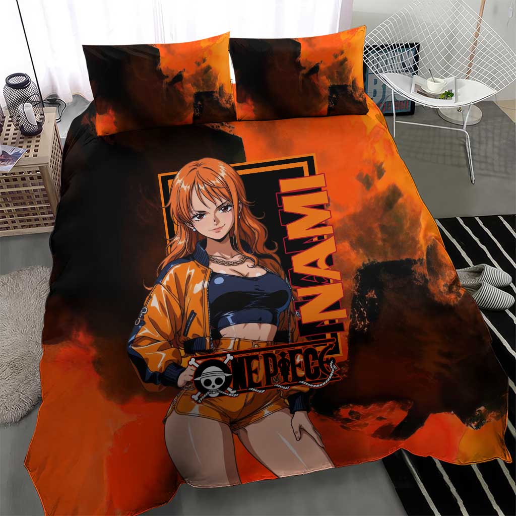 Nami One Piece Orange and Black Theme Bedding Set with Navigator Pose and Weather Staff Design - The Mazicc