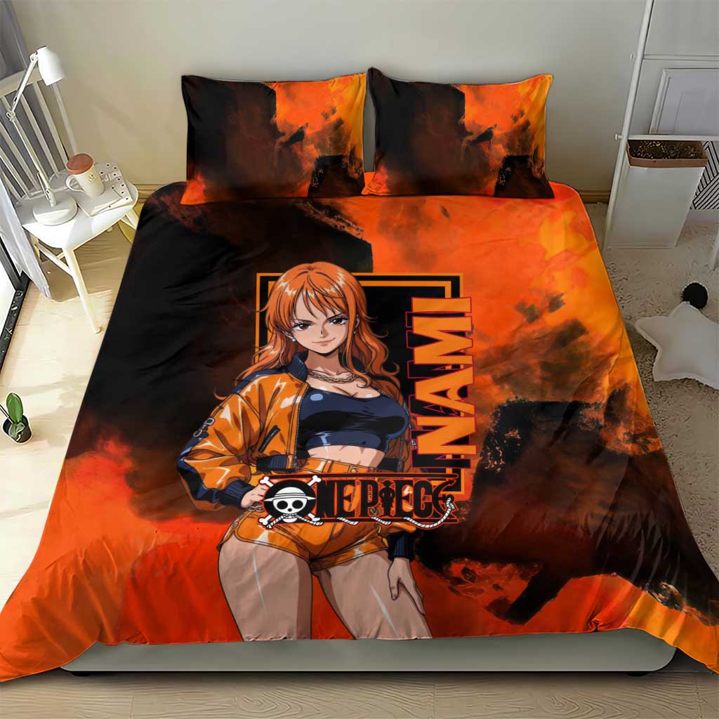 Nami One Piece Orange and Black Theme Bedding Set with Navigator Pose and Weather Staff Design - The Mazicc