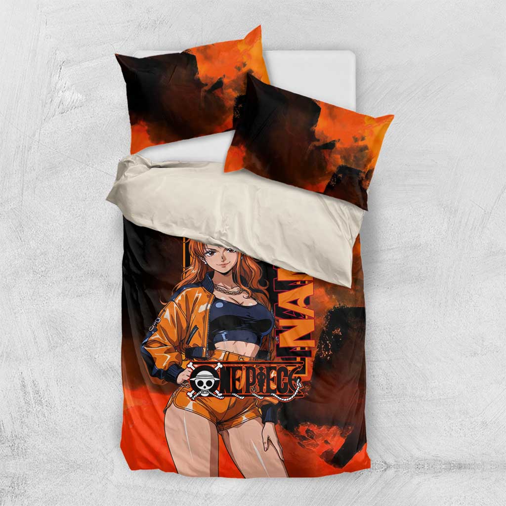 Nami One Piece Orange and Black Theme Bedding Set with Navigator Pose and Weather Staff Design - The Mazicc