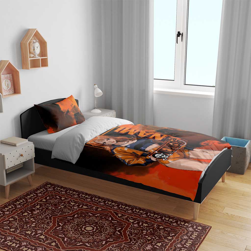 Nami One Piece Orange and Black Theme Bedding Set with Navigator Pose and Weather Staff Design - The Mazicc