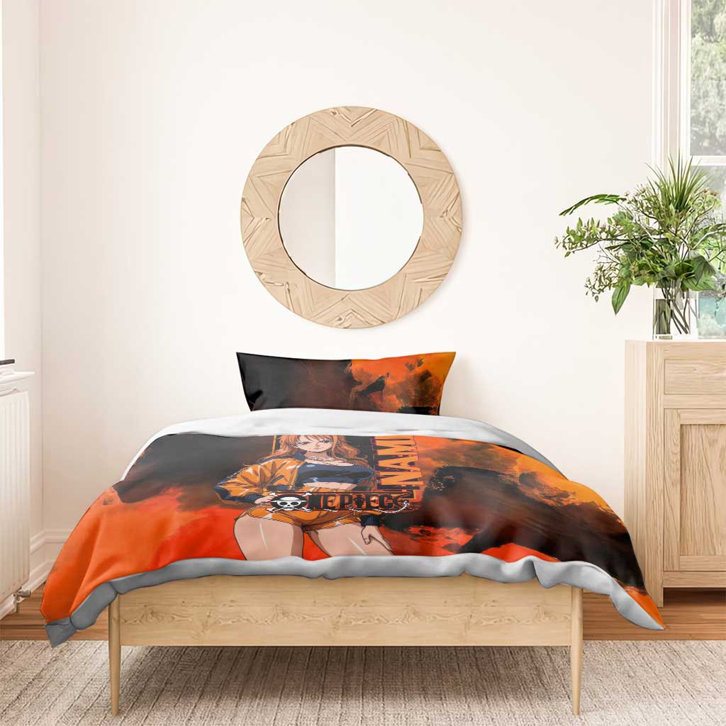 Nami One Piece Orange and Black Theme Bedding Set with Navigator Pose and Weather Staff Design - The Mazicc