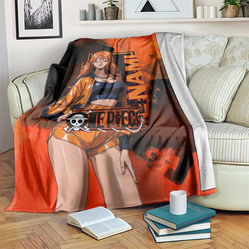Nami One Piece Orange and Black Theme Blanket with Navigator Pose and Weather Staff Design - The Mazicc