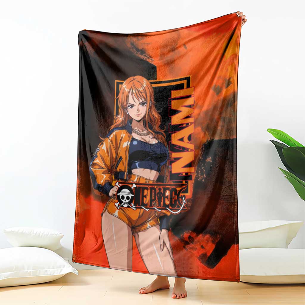 Nami One Piece Orange and Black Theme Blanket with Navigator Pose and Weather Staff Design - The Mazicc