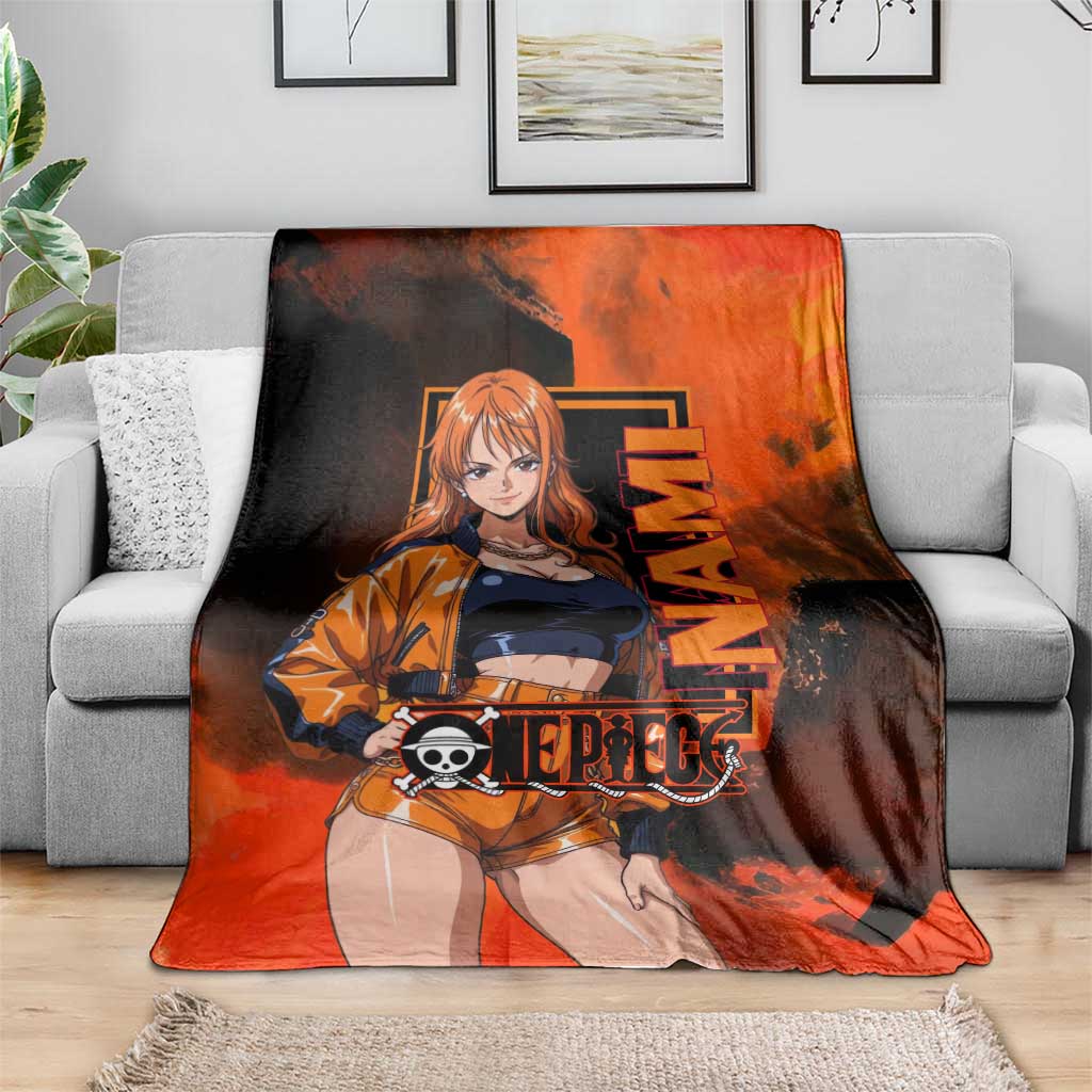 Nami One Piece Orange and Black Theme Blanket with Navigator Pose and Weather Staff Design - The Mazicc