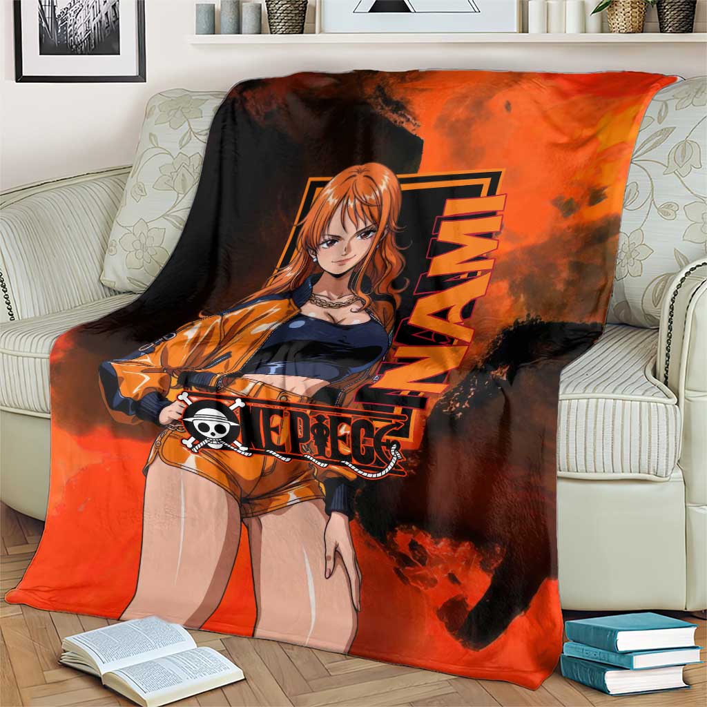 Nami One Piece Orange and Black Theme Blanket with Navigator Pose and Weather Staff Design - The Mazicc