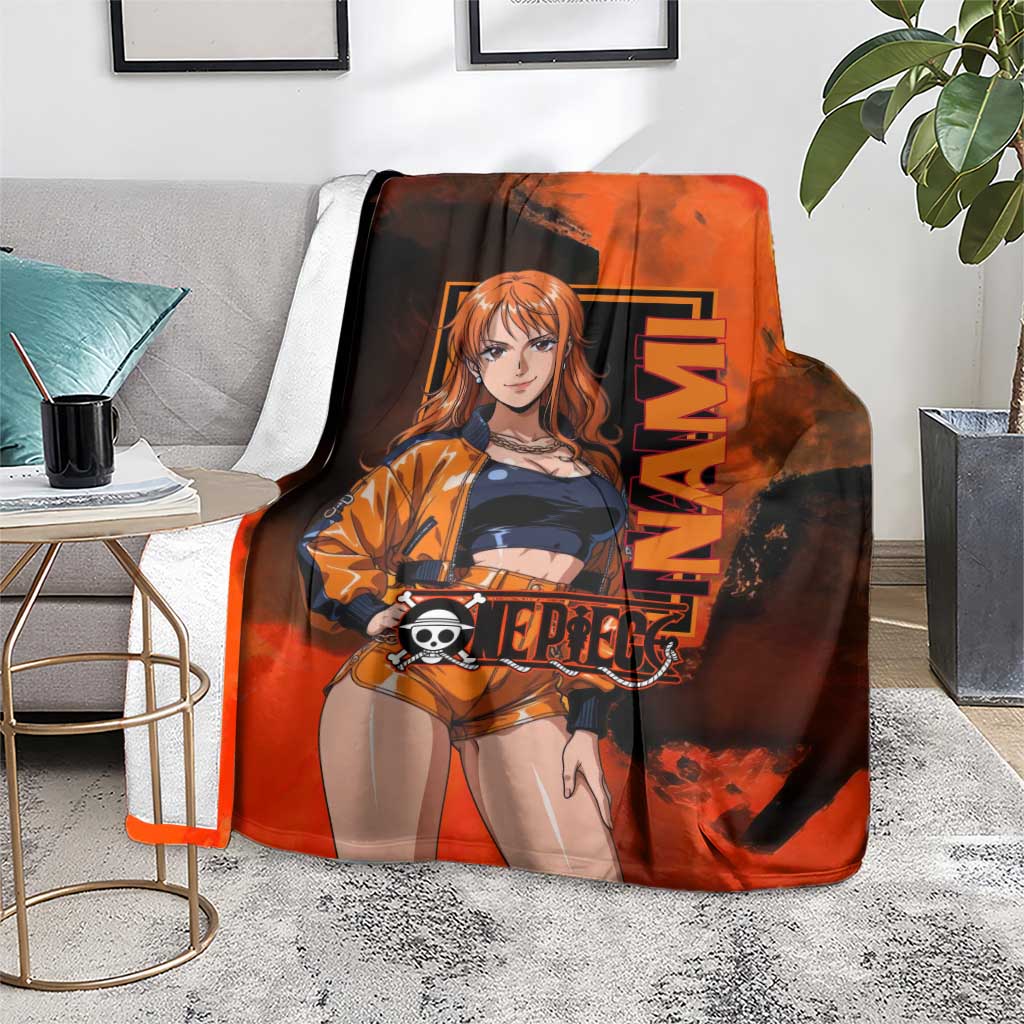 Nami One Piece Orange and Black Theme Blanket with Navigator Pose and Weather Staff Design - The Mazicc