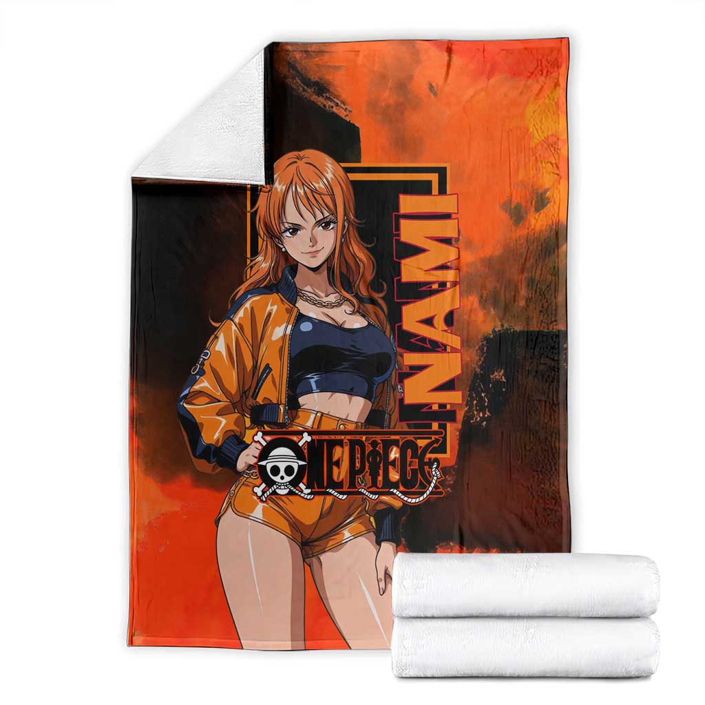 Nami One Piece Orange and Black Theme Blanket with Navigator Pose and Weather Staff Design - The Mazicc