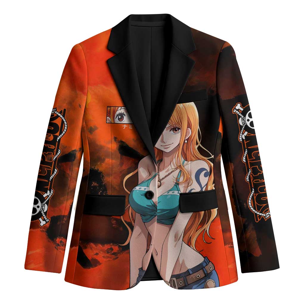 Nami One Piece Orange and Black Theme Blazer with Navigator Pose and Weather Staff Design - The Mazicc
