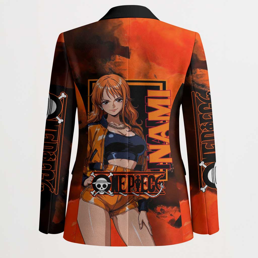 Nami One Piece Orange and Black Theme Blazer with Navigator Pose and Weather Staff Design - The Mazicc