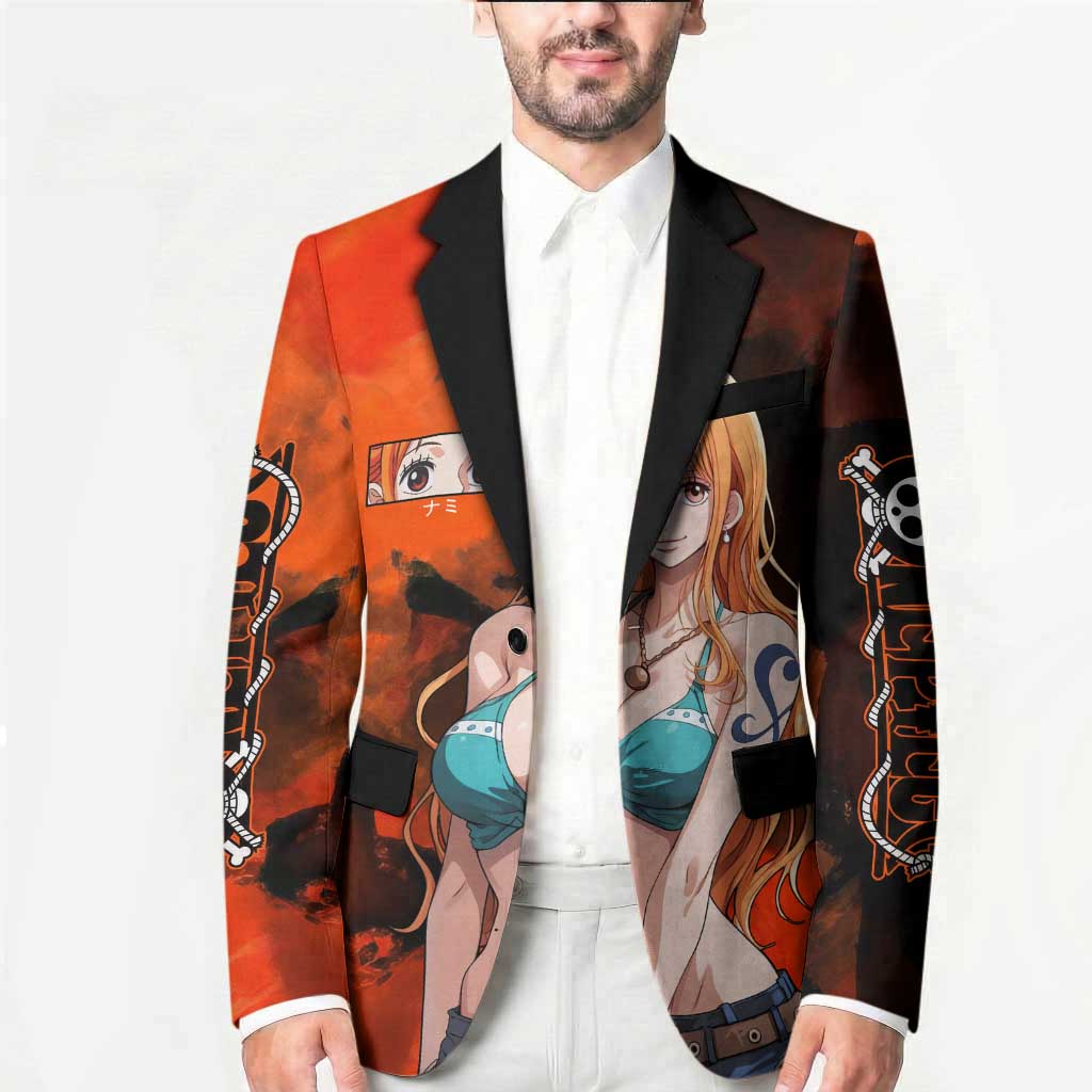 Nami One Piece Orange and Black Theme Blazer with Navigator Pose and Weather Staff Design - The Mazicc