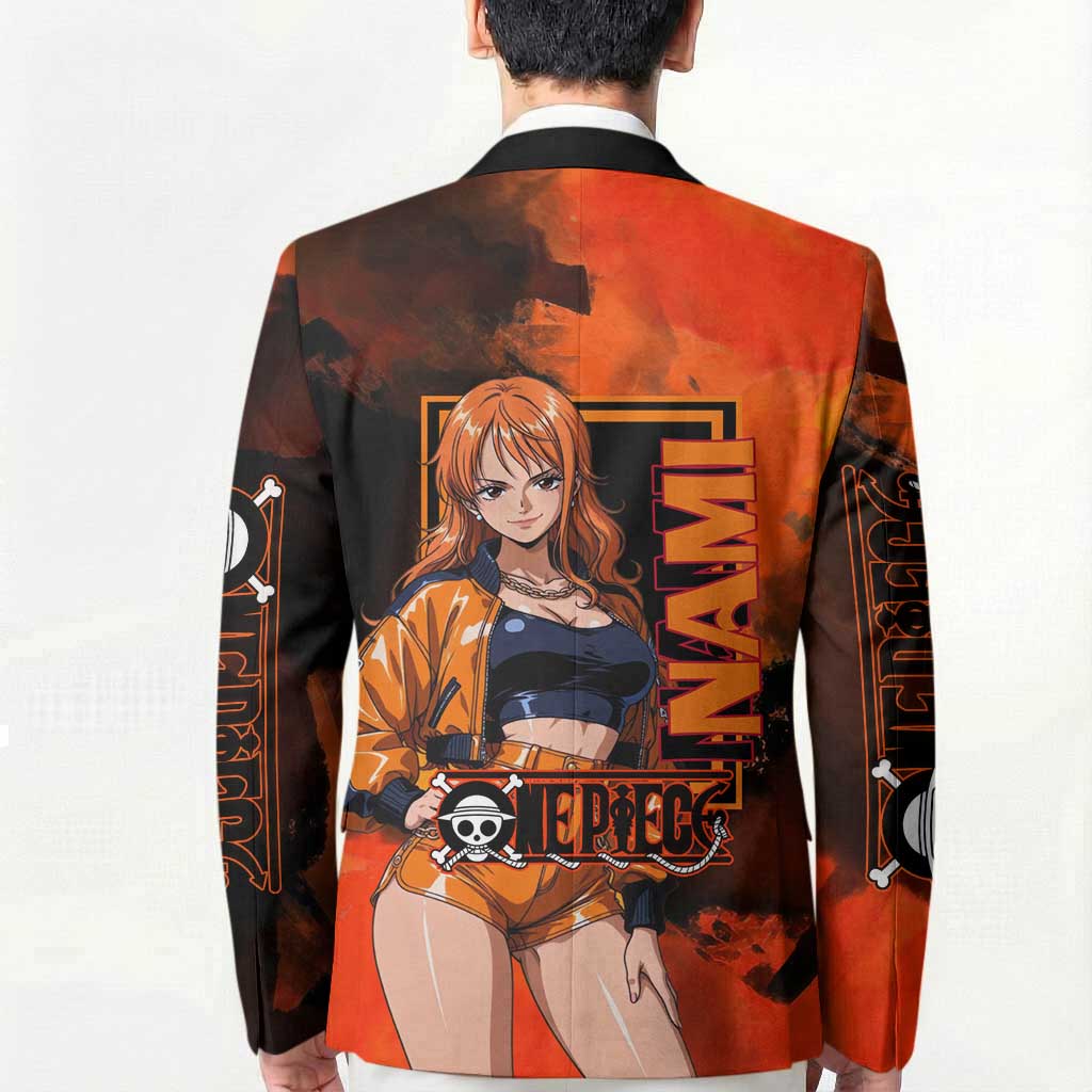 Nami One Piece Orange and Black Theme Blazer with Navigator Pose and Weather Staff Design - The Mazicc