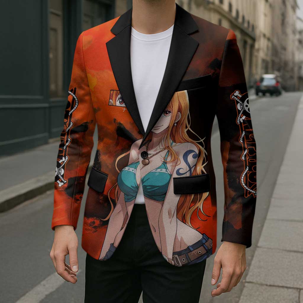 Nami One Piece Orange and Black Theme Blazer with Navigator Pose and Weather Staff Design - The Mazicc