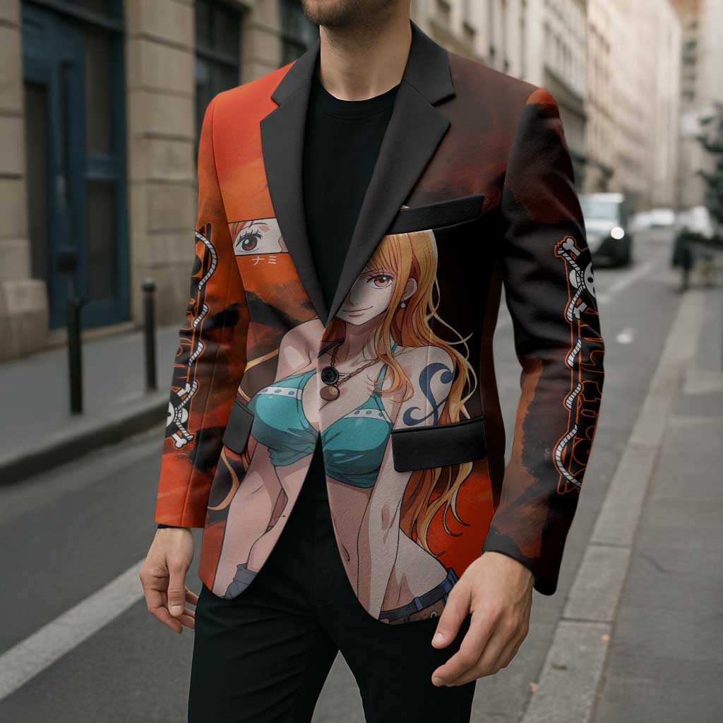 Nami One Piece Orange and Black Theme Blazer with Navigator Pose and Weather Staff Design - The Mazicc