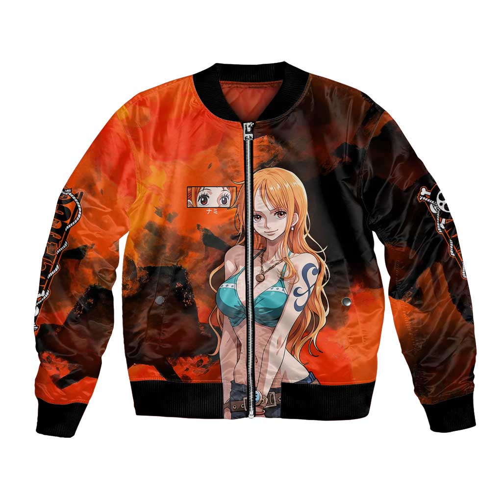 Nami One Piece Orange and Black Theme Bomber Jacket with Navigator Pose and Weather Staff Design - The Mazicc