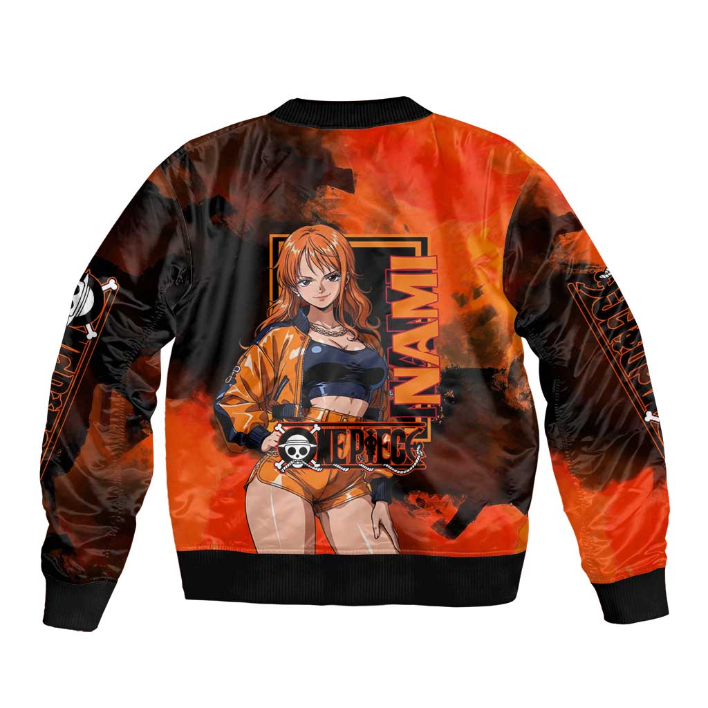 Nami One Piece Orange and Black Theme Bomber Jacket with Navigator Pose and Weather Staff Design - The Mazicc