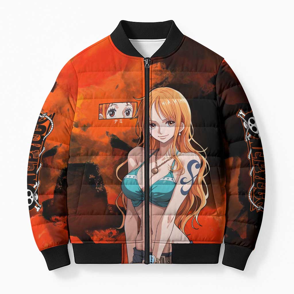 Nami One Piece Orange and Black Theme Bomber Puffer Jacket with Navigator Pose and Weather Staff Design - The Mazicc