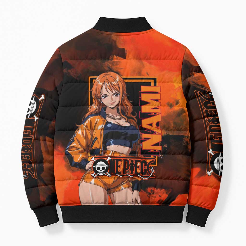 Nami One Piece Orange and Black Theme Bomber Puffer Jacket with Navigator Pose and Weather Staff Design - The Mazicc