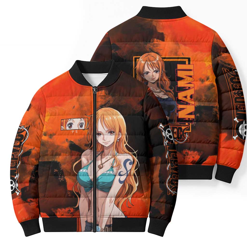Nami One Piece Orange and Black Theme Bomber Puffer Jacket with Navigator Pose and Weather Staff Design - The Mazicc