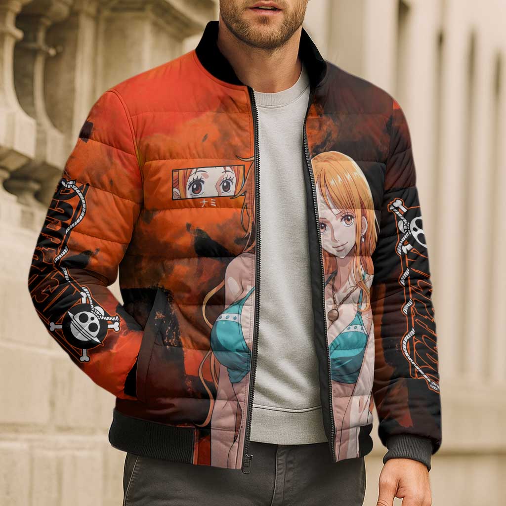Nami One Piece Orange and Black Theme Bomber Puffer Jacket with Navigator Pose and Weather Staff Design - The Mazicc